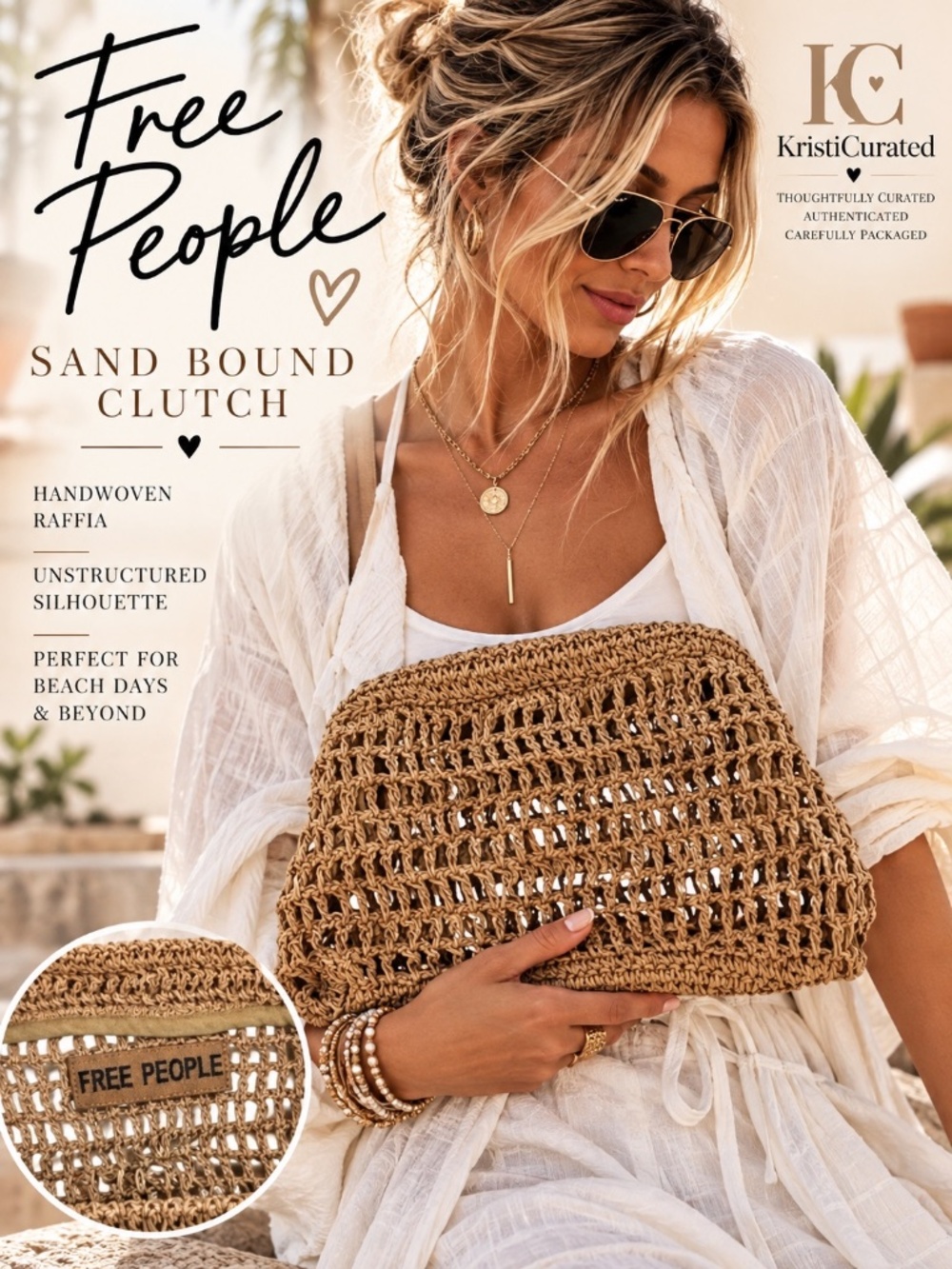 Free People Sand Bound Raffia Woven Clutch Tan NWOT $58